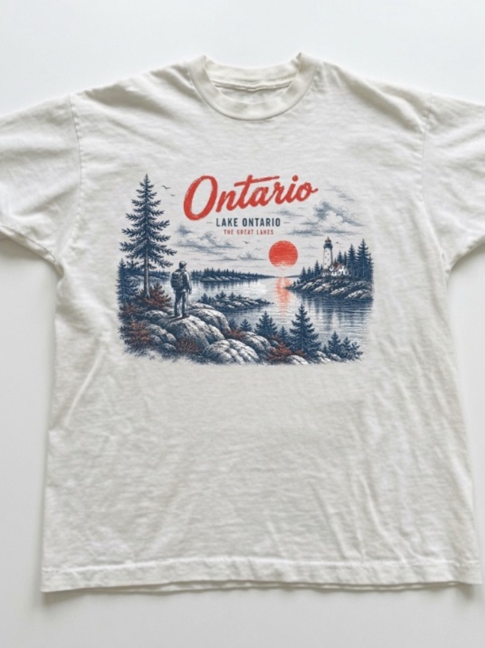 White Ontario Lake Graphic Tee with Red and Navy Print